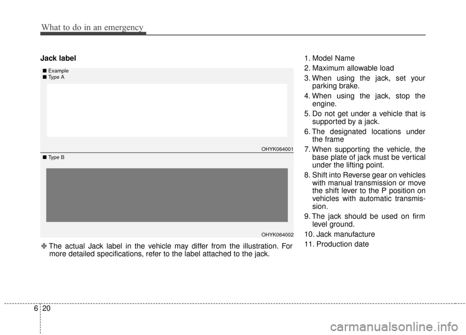 KIA Rio 2014 3.G Owners Manual What to do in an emergency
20
6
Jack label 1. Model Name
2. Maximum allowable load
3. When using the jack, set your
parking brake.
4. When using the jack, stop the engine.
5. Do not get under a vehicl