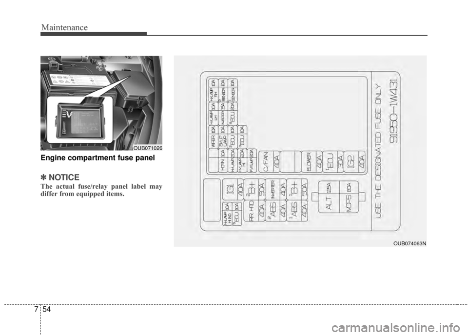 KIA Rio 2014 3.G Owners Manual Maintenance
54
7
Engine compartment fuse panel
✽
✽
NOTICE
The actual fuse/relay panel label may
differ from equipped items.
OUB074063N
OUB071026 KIA Rio 2014 3.G Owners Manual Maintenance
54
7
Engine compartment fuse panel
✽
✽
NOTICE
The actual fuse/relay panel label may
differ from equipped items.
OUB074063N
OUB071026