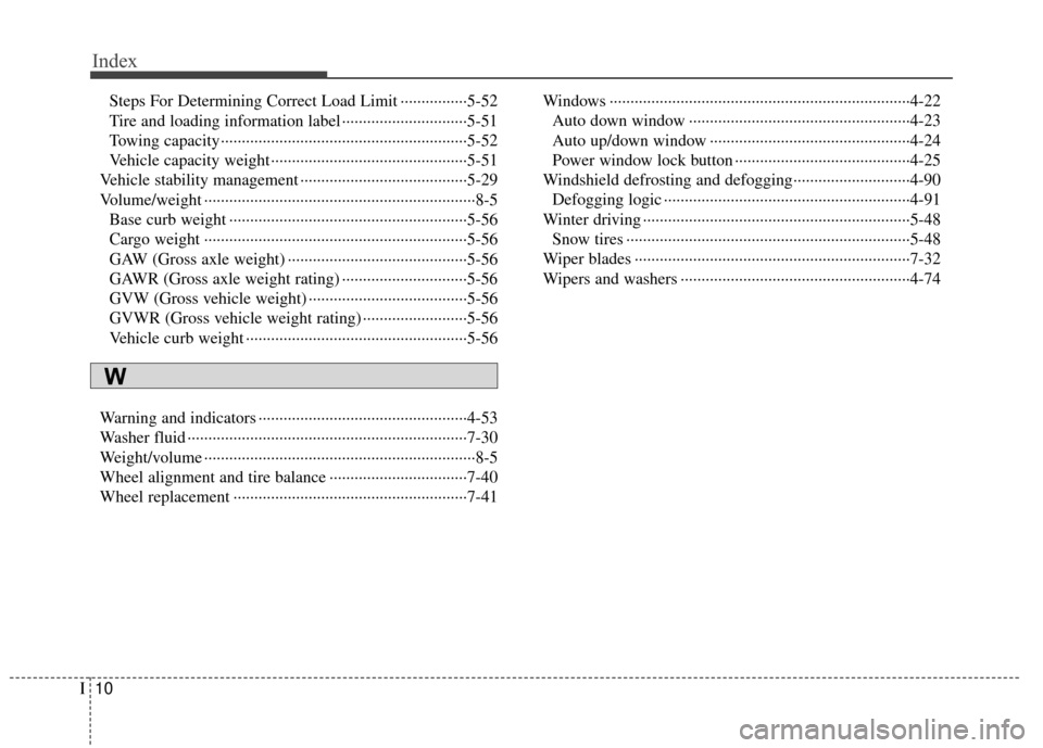 KIA Rio 2014 3.G Owners Manual Index
10I
Steps For Determining Correct Load Limit ················5-52
Tire and loading information label ··················\
············5-51
Towing cap