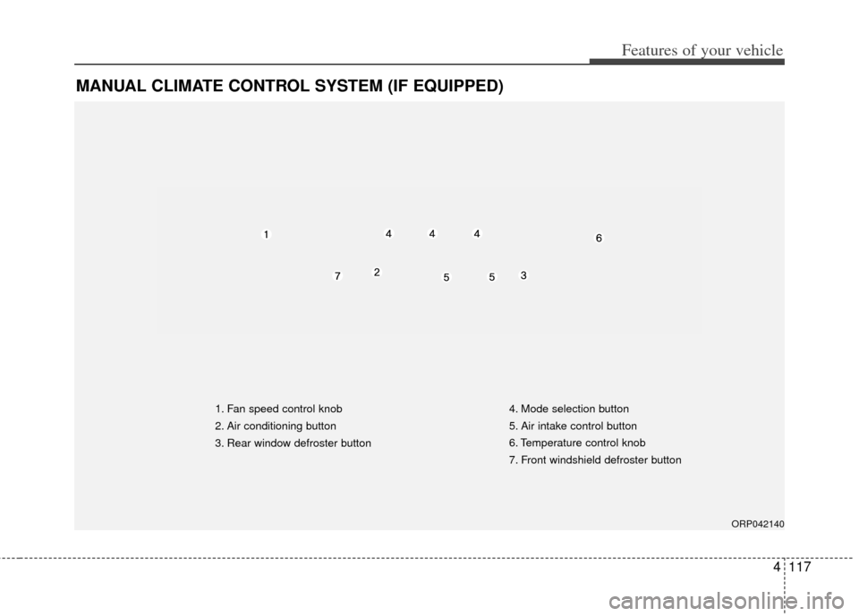 KIA Rondo 2014 3.G Owners Manual 4117
Features of your vehicle
MANUAL CLIMATE CONTROL SYSTEM (IF EQUIPPED)
ORP042140
1. Fan speed control knob
2. Air conditioning button 
3. Rear window defroster button4. Mode selection button
5. Air