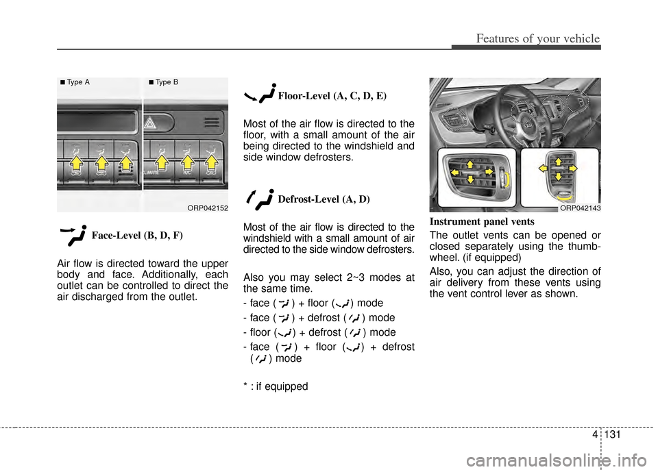 KIA Rondo 2014 3.G Owners Manual 4131
Features of your vehicle
Face-Level (B, D, F)
Air flow is directed toward the upper
body and face. Additionally, each
outlet can be controlled to direct the
air discharged from the outlet. Floor- KIA Rondo 2014 3.G Owners Manual 4131
Features of your vehicle
Face-Level (B, D, F)
Air flow is directed toward the upper
body and face. Additionally, each
outlet can be controlled to direct the
air discharged from the outlet. Floor-