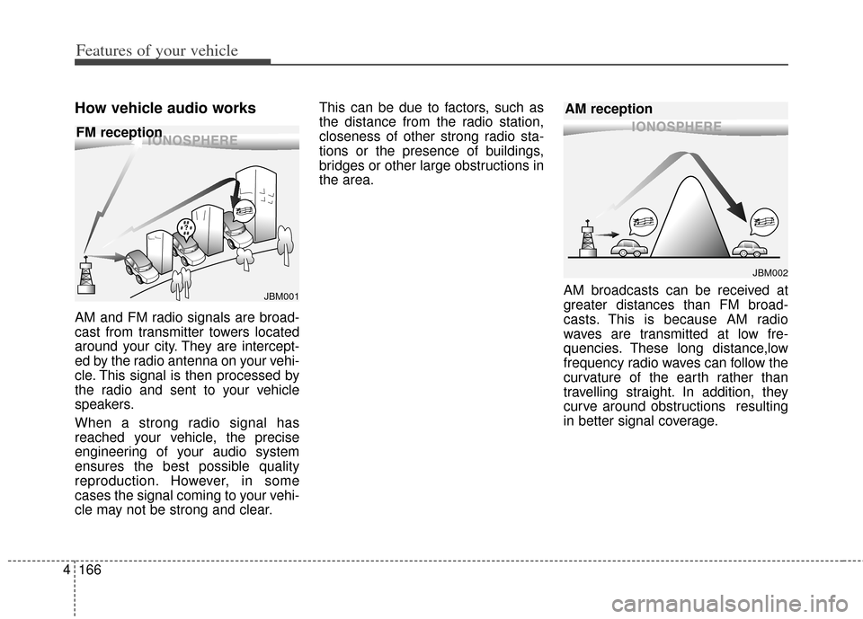 KIA Rondo 2014 3.G Owners Manual Features of your vehicle
166
4
How vehicle audio works
AM and FM radio signals are broad-
cast from transmitter towers located
around your city. They are intercept-
ed by the radio antenna on your veh