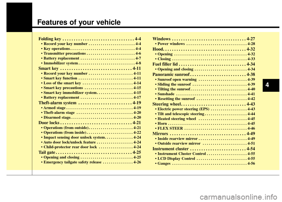 KIA Rondo 2014 3.G Owners Manual Features of your vehicle
Folding key . . . . . . . . . . . . . . . . . . . . . . . . . . . . . . . . 4-4
• Record your key number . . . . . . . . . . . . . . . . . . . . . . . 4-4
 . . . . . . . . .