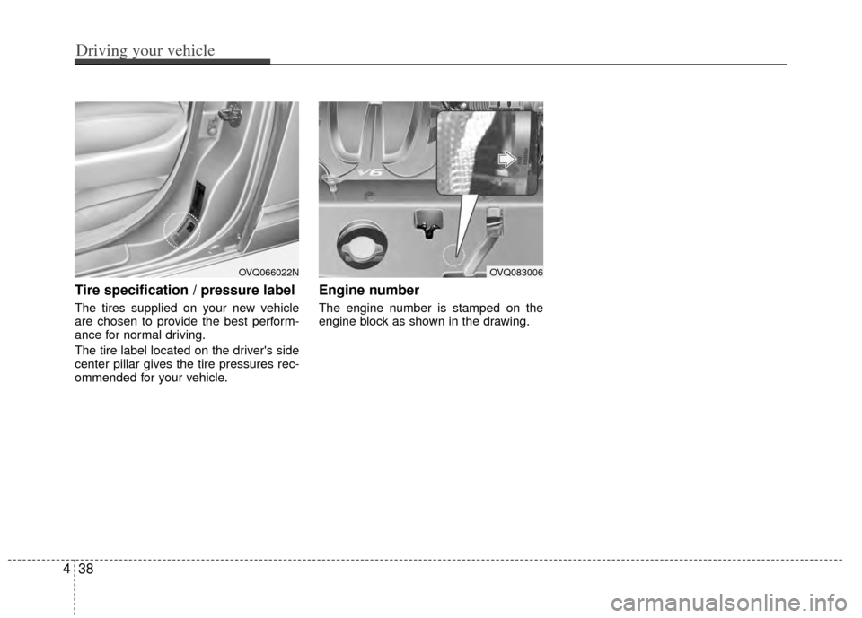 KIA Sedona 2014 3.G Owners Manual Tire specification / pressure label
The tires supplied on your new vehicle
are chosen to provide the best perform-
ance for normal driving.
The tire label located on the drivers side
center pillar gi KIA Sedona 2014 3.G Owners Manual Tire specification / pressure label
The tires supplied on your new vehicle
are chosen to provide the best perform-
ance for normal driving.
The tire label located on the drivers side
center pillar gi