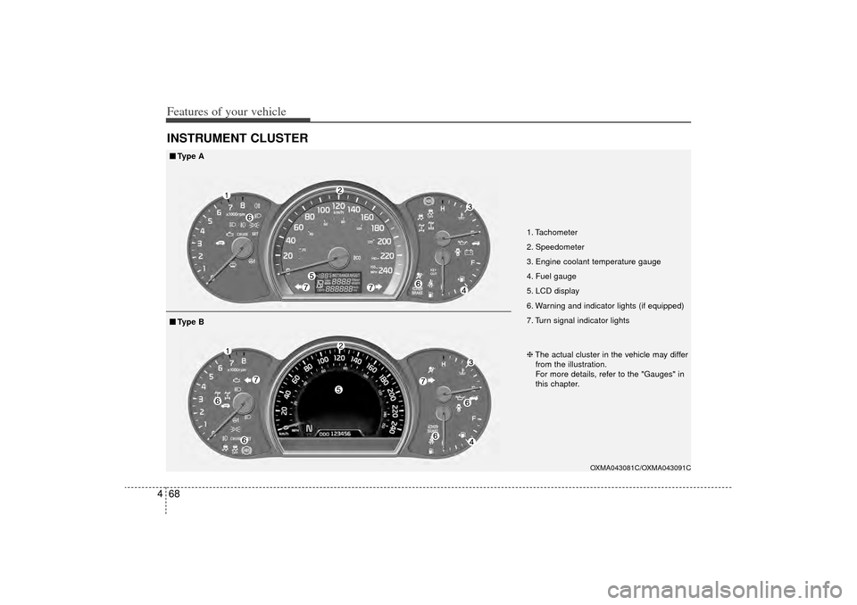 KIA Sorento 2014 3.G Owners Manual Features of your vehicle68
4INSTRUMENT CLUSTER
1. Tachometer 
2. Speedometer
3. Engine coolant temperature gauge
4. Fuel gauge
5. LCD display
6. Warning and indicator lights (if equipped)
7. Turn sign