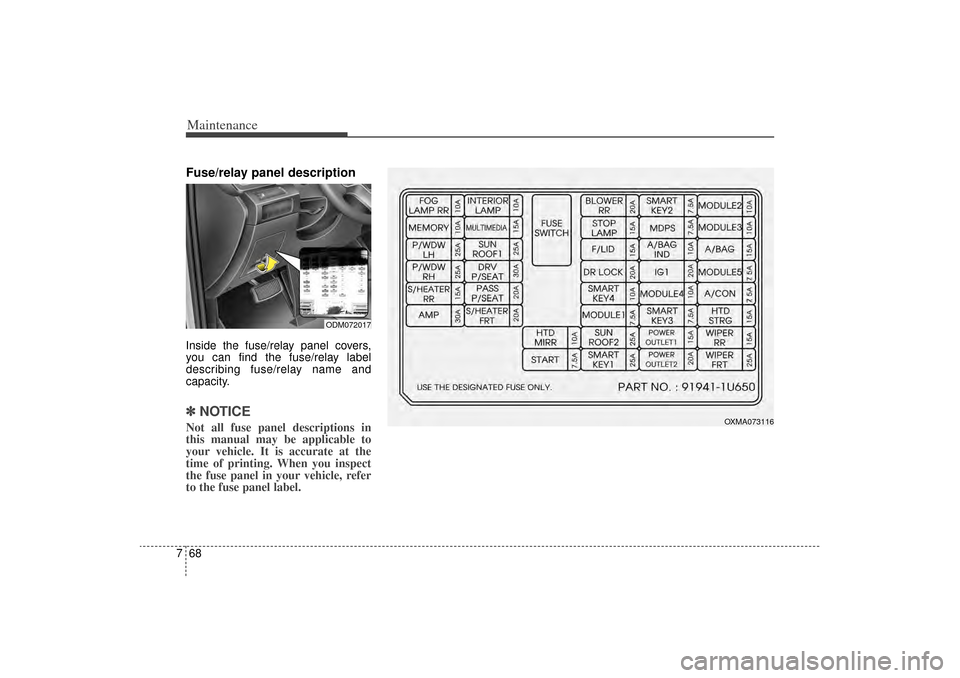 KIA Sorento 2014 3.G Owners Manual Maintenance68
7Fuse/relay panel descriptionInside the fuse/relay panel covers,
you can find the fuse/relay label
describing fuse/relay name and
capacity.✽ ✽
NOTICENot all fuse panel descriptions i KIA Sorento 2014 3.G Owners Manual Maintenance68
7Fuse/relay panel descriptionInside the fuse/relay panel covers,
you can find the fuse/relay label
describing fuse/relay name and
capacity.✽ ✽
NOTICENot all fuse panel descriptions i