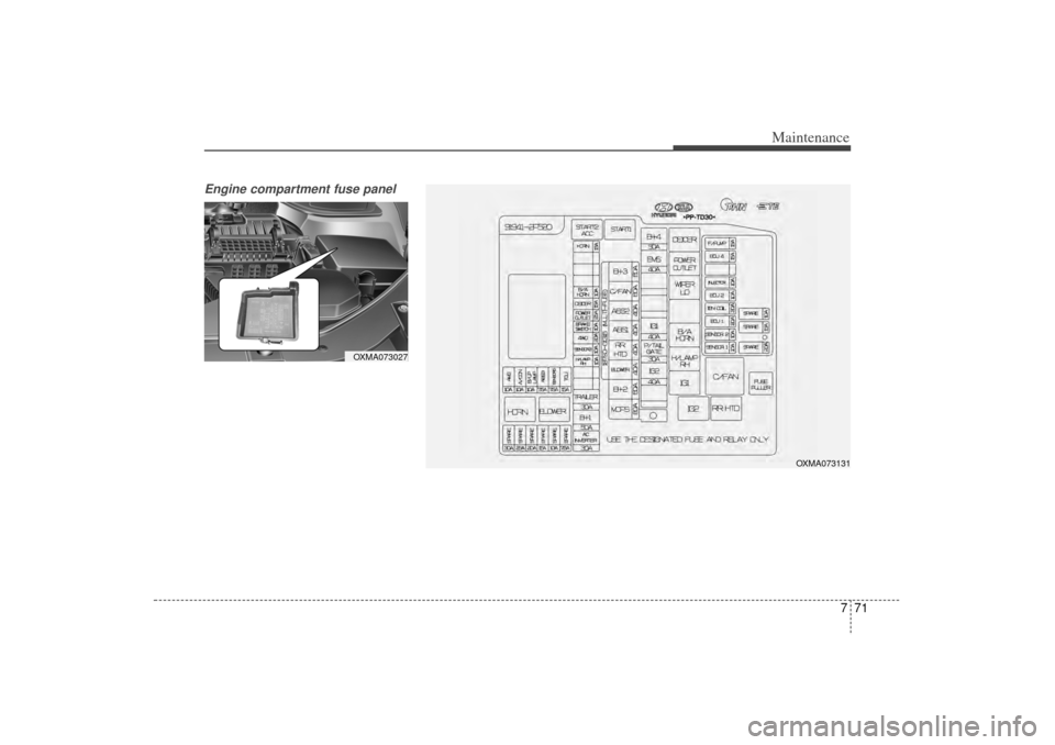 KIA Sorento 2014 3.G Owners Manual 771
Maintenance
Engine compartment fuse panel
OXMA073027
OXMA073131
XM(FL) CAN(ENG) 7.QXP 1/23/2013 3:37 PM Page 71 KIA Sorento 2014 3.G Owners Manual 771
Maintenance
Engine compartment fuse panel
OXMA073027
OXMA073131
XM(FL) CAN(ENG) 7.QXP 1/23/2013 3:37 PM Page 71