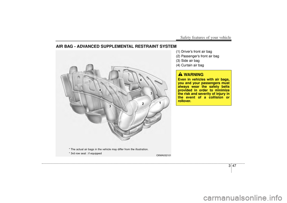 KIA Sorento 2014 3.G Repair Manual 347
Safety features of your vehicle
(1) Driver’s front air bag
(2) Passenger’s front air bag
(3) Side air bag
(4) Curtain air bag
AIR BAG - ADVANCED SUPPLEMENTAL RESTRAINT SYSTEM
WARNING
Even in KIA Sorento 2014 3.G Repair Manual 347
Safety features of your vehicle
(1) Driver’s front air bag
(2) Passenger’s front air bag
(3) Side air bag
(4) Curtain air bag
AIR BAG - ADVANCED SUPPLEMENTAL RESTRAINT SYSTEM
WARNING
Even in