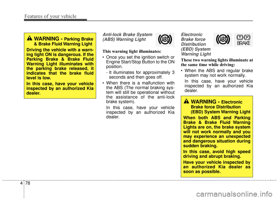 KIA Soul 2014 2.G Owners Manual Features of your vehicle
78
4
Anti-lock Brake System
(ABS) Warning  Light
This warning light illuminates:
 Once you set the ignition switch or Engine Start/Stop Button to the ON
position.
- It illumin
