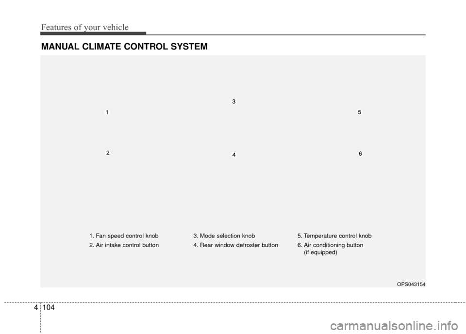 KIA Soul 2014 2.G Owners Manual Features of your vehicle
104
4
MANUAL CLIMATE CONTROL SYSTEM 
OPS043154
1. Fan speed control knob
2. Air intake control button  3. Mode selection knob
4. Rear window defroster button5. Temperature con