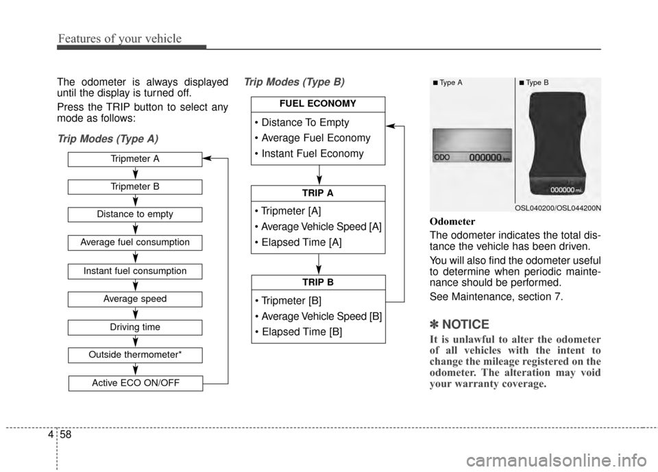 KIA Sportage 2014 SL / 3.G Owners Manual Features of your vehicle
58
4
The odometer is always displayed
until the display is turned off.
Press the TRIP button to select any
mode as follows:
Trip Modes (Type A) Trip Modes (Type B)
Odometer
Th