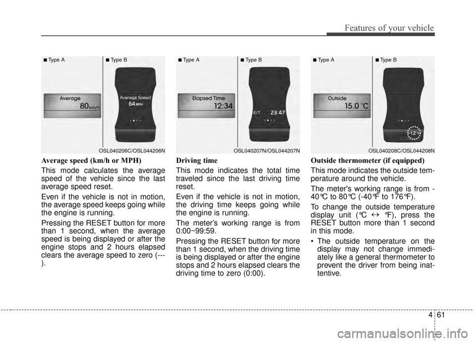 KIA Sportage 2014 SL / 3.G Owners Manual 461
Features of your vehicle
Average speed (km/h or MPH)
This mode calculates the average
speed of the vehicle since the last
average speed reset.
Even if the vehicle is not in motion,
the average spe