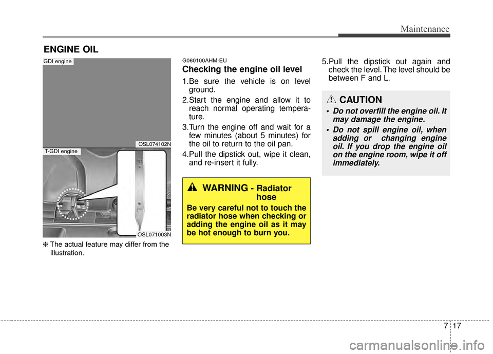 KIA Sportage 2014 SL / 3.G Owners Manual 717
Maintenance
ENGINE OIL
❈The actual feature may differ from the
illustration.
G060100AHM-EU
Checking the engine oil level
1.Be sure the vehicle is on level ground.
2.Start the engine and allow KIA Sportage 2014 SL / 3.G Owners Manual 717
Maintenance
ENGINE OIL
❈The actual feature may differ from the
illustration.
G060100AHM-EU
Checking the engine oil level
1.Be sure the vehicle is on level ground.
2.Start the engine and allow
