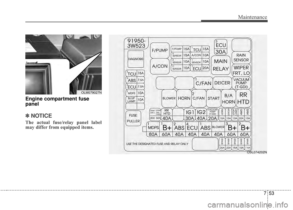 KIA Sportage 2014 SL / 3.G Owners Manual 753
Maintenance
Engine compartment fuse
panel
✽ ✽NOTICE
The actual fuse/relay panel label
may differ from equipped items.
OSL074202N
OLM079027N KIA Sportage 2014 SL / 3.G Owners Manual 753
Maintenance
Engine compartment fuse
panel
✽ ✽NOTICE
The actual fuse/relay panel label
may differ from equipped items.
OSL074202N
OLM079027N