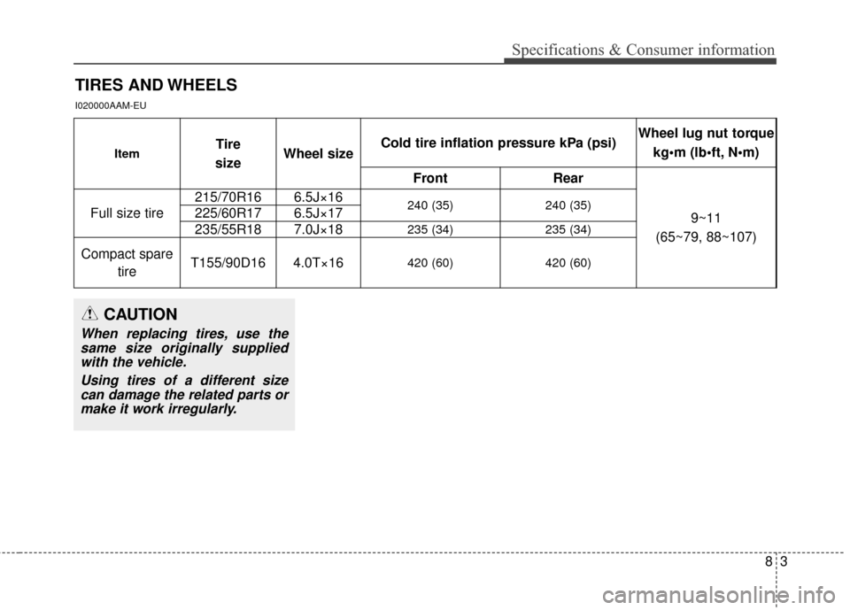 KIA Sportage 2014 SL / 3.G Owners Manual 83
Specifications & Consumer information
TIRES AND WHEELS
I020000AAM-EU
CAUTION
When replacing tires, use thesame size originally suppliedwith the vehicle.
Using tires of a different sizecan damage th