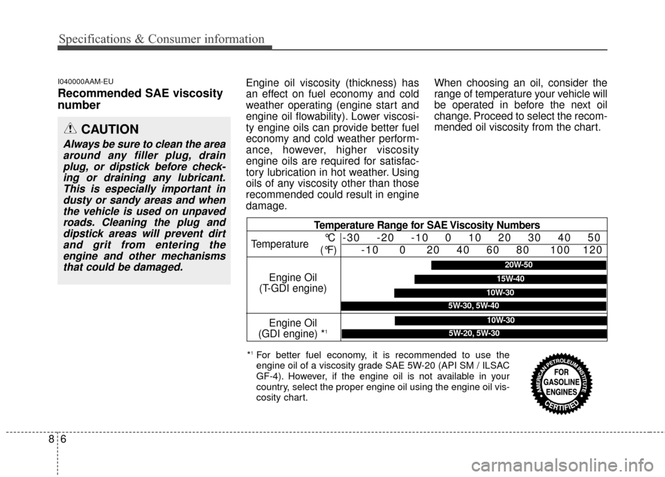KIA Sportage 2014 SL / 3.G Owners Manual Temperature Range for SAE Viscosity Numbers
68
Specifications & Consumer information
I040000AAM-EU
Recommended SAE viscosity
number
Engine oil viscosity (thickness) has
an effect on fuel economy and c