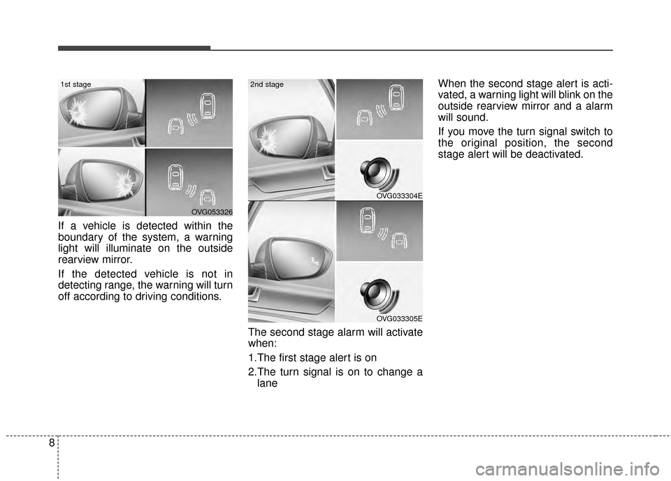 KIA Cadenza 2015 1.G Owners Manual 8
If a vehicle is detected within the
boundary of the system, a warning
light will illuminate on the outside
rearview mirror.
If the detected vehicle is not in
detecting range, the warning will turn
o