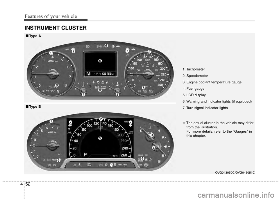 KIA Cadenza 2015 1.G User Guide Features of your vehicle
52
4
INSTRUMENT CLUSTER
1. Tachometer
2. Speedometer
3. Engine coolant temperature gauge
4. Fuel gauge
5. LCD display
6. Warning and indicator lights (if equipped)
7. Turn si KIA Cadenza 2015 1.G User Guide Features of your vehicle
52
4
INSTRUMENT CLUSTER
1. Tachometer
2. Speedometer
3. Engine coolant temperature gauge
4. Fuel gauge
5. LCD display
6. Warning and indicator lights (if equipped)
7. Turn si