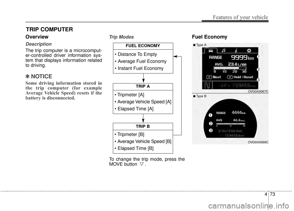 KIA Cadenza 2015 1.G User Guide 473
Features of your vehicle
Overview
Description
The trip computer is a microcomput-
er-controlled driver information sys-
tem that displays information related
to driving.
✽ ✽NOTICE
Some driving