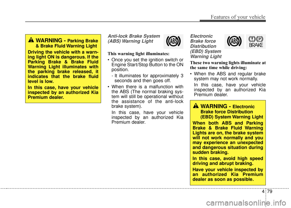 KIA Cadenza 2015 1.G Owners Manual 479
Features of your vehicle
Anti-lock Brake System(ABS) Warning  Light
This warning light illuminates:
 Once you set the ignition switch or Engine Start/Stop Button to the ON
position.
- It illuminat