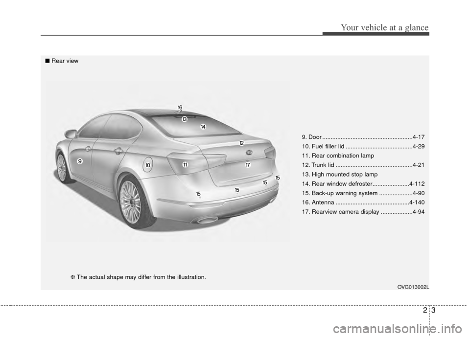 KIA Cadenza 2015 1.G Owners Guide 23
Your vehicle at a glance
9. Door ......................................................4-17
10. Fuel filler lid ........................................4-29
11. Rear combination lamp
12. Trunk lid KIA Cadenza 2015 1.G Owners Guide 23
Your vehicle at a glance
9. Door ......................................................4-17
10. Fuel filler lid ........................................4-29
11. Rear combination lamp
12. Trunk lid