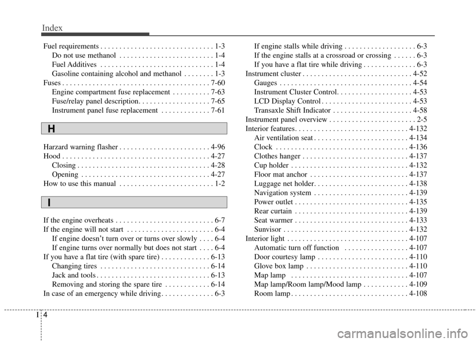 KIA Cadenza 2015 1.G User Guide Index
4I
Fuel requirements . . . . . . . . . . . . . . . . . . . . . . . . . . . . . . 1-3Do not use methanol . . . . . . . . . . . . . . . . . . . . . . . . . 1-4
Fuel Additives . . . . . . . . . . .