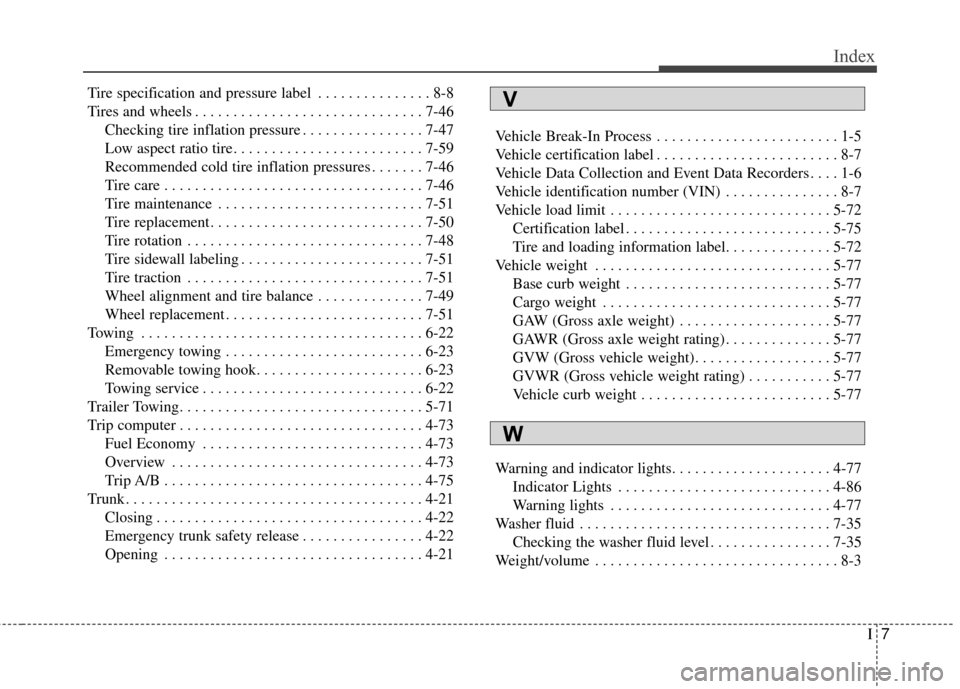 KIA Cadenza 2015 1.G Owners Manual I7
Index
Tire specification and pressure label . . . . . . . . . . . . . . . 8-8
Tires and wheels . . . . . . . . . . . . . . . . . . . . . . . . . . . . . . 7-46Checking tire inflation pressure . . . KIA Cadenza 2015 1.G Owners Manual I7
Index
Tire specification and pressure label . . . . . . . . . . . . . . . 8-8
Tires and wheels . . . . . . . . . . . . . . . . . . . . . . . . . . . . . . 7-46Checking tire inflation pressure . . .
