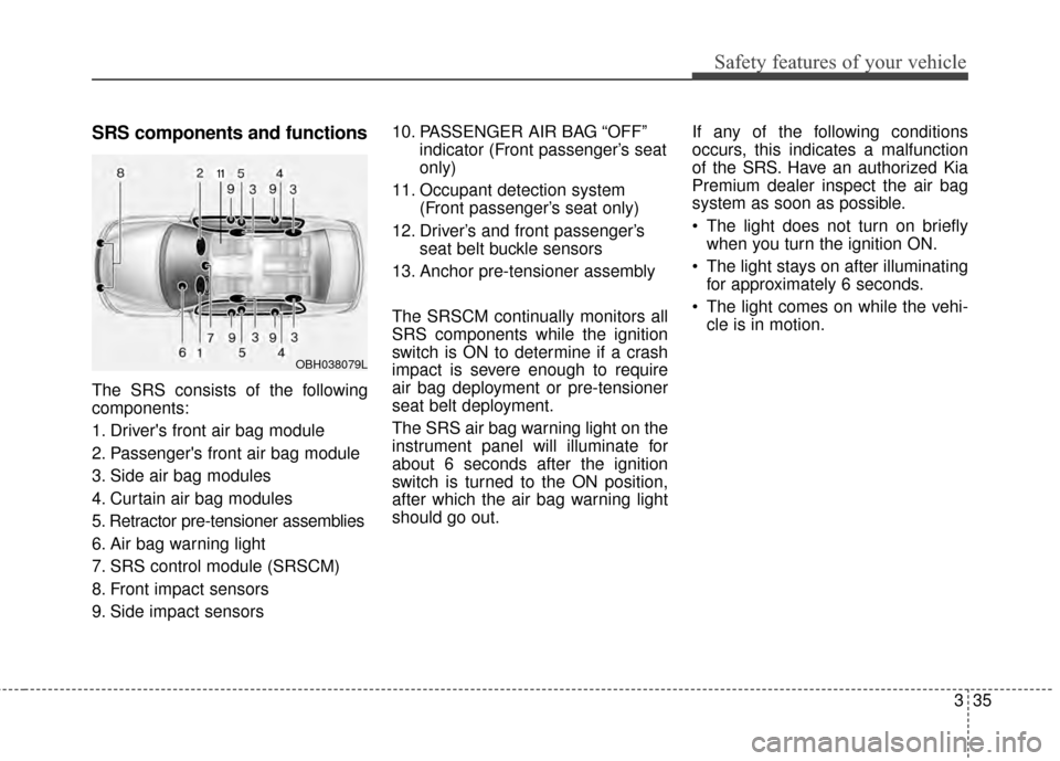 KIA Cadenza 2015 1.G Repair Manual 335
Safety features of your vehicle
SRS components and functions
The SRS consists of the following
components:
1. Drivers front air bag module
2. Passengers front air bag module
3. Side air bag modu