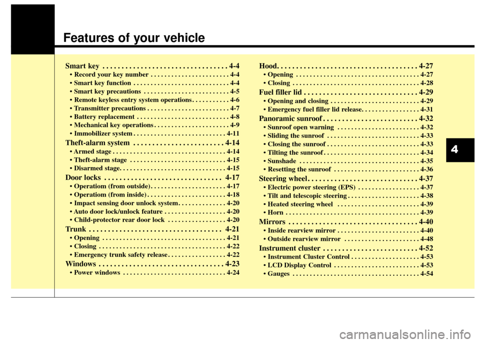 KIA Cadenza 2015 1.G Owners Manual Features of your vehicle
Smart key . . . . . . . . . . . . . . . . . . . . . . . . . . . . . . . . . 4-4
• Record your key number . . . . . . . . . . . . . . . . . . . . . . . 4-4
 . . . . . . . . .