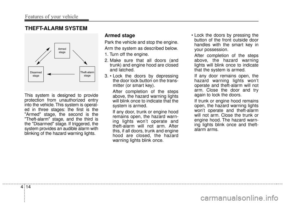 KIA Cadenza 2015 1.G Owners Manual Features of your vehicle
14
4
THEFT-ALARM SYSTEM
This system is designed to provide
protection from unauthorized entry
into the vehicle. This system is operat-
ed in three stages: the first is the
"Ar