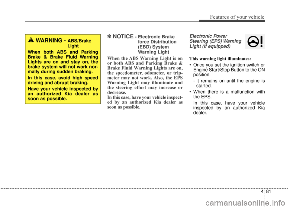 KIA Forte 2015 2.G Owners Manual 481
Features of your vehicle
✽
✽NOTICE- Electronic Brake
force Distribution
(EBD) System
Warning Light
When the ABS Warning Light is on
or both ABS and Parking Brake &
Brake Fluid Warning Lights a