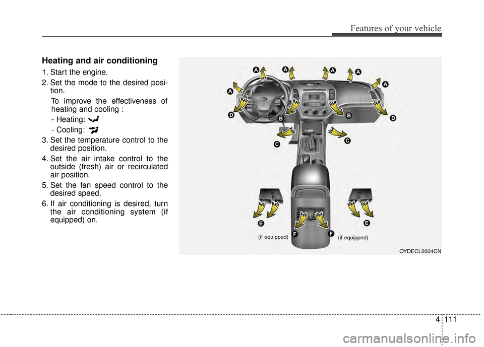 KIA Cerato 2015 2.G Repair Manual 4111
Features of your vehicle
Heating and air conditioning
1. Start the engine.
2. Set the mode to the desired posi-tion.
To improve the effectiveness ofheating and cooling :
- Heating:
- Cooling:
3. 