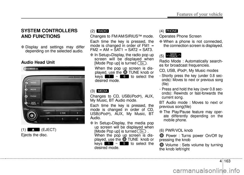 KIA Cerato 2015 2.G User Guide 4163
Features of your vehicle
SYSTEM CONTROLLERS
AND FUNCTIONS
❈Display and settings may differ
depending on the selected audio.
Audio Head Unit
(1) (EJECT)
Ejects the disc. (2) 
Changes to FM/AM/SI