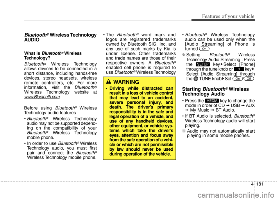 KIA Forte 2015 2.G Owners Manual 4181
Features of your vehicle
Bluetooth®Wireless Technology
AUDIO 
What is Bluetooth®Wireless
Technology
?
Bluetooth®Wireless Technology
allows devices to be connected in a
short distance, includin