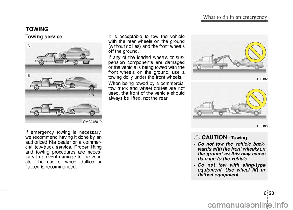 KIA Cerato 2015 2.G Owners Manual 623
What to do in an emergency
TOWING
Towing service
If emergency towing is necessary,
we recommend having it done by an
authorized Kia dealer or a commer-
cial tow-truck service. Proper lifting
and t