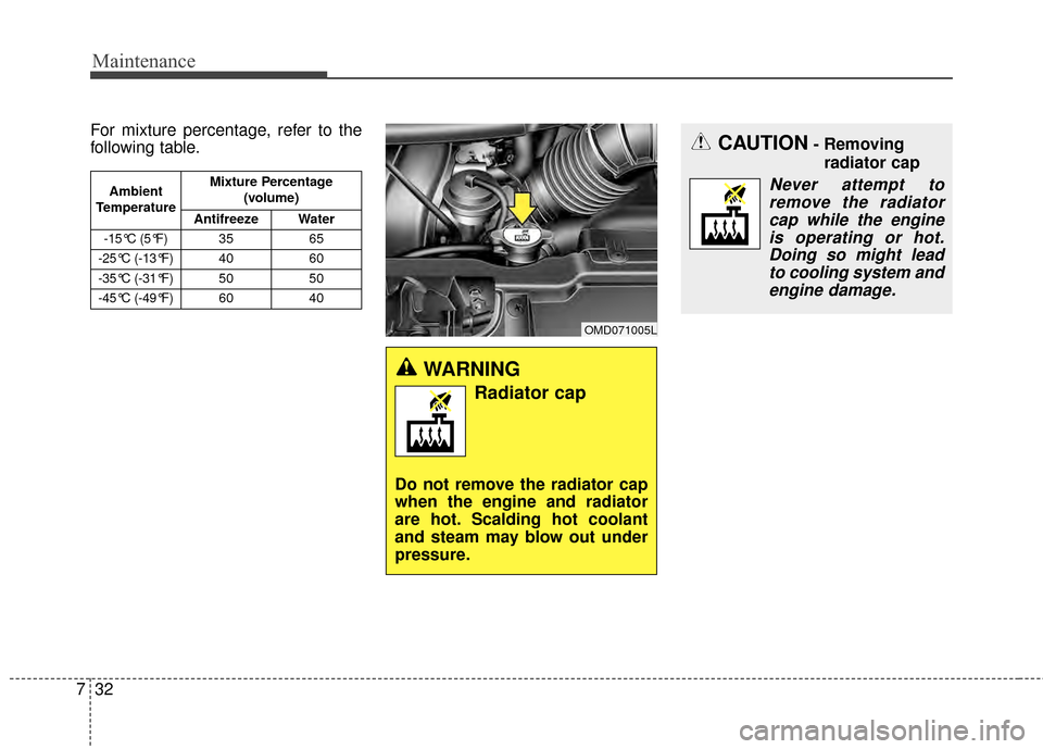 KIA Cerato 2015 2.G Owners Manual Maintenance
32
7
CAUTION- Removing
radiator cap
Never attempt toremove the radiator cap while the engineis operating or hot.Doing so might lead to cooling system andengine damage.
For mixture percenta