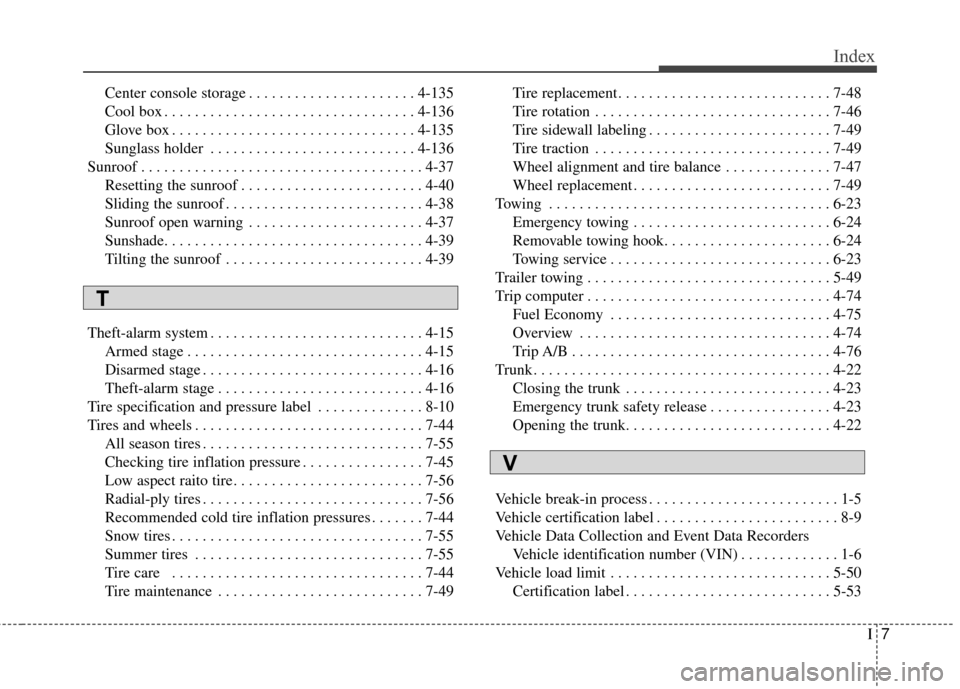 KIA Cerato 2015 2.G Owners Manual I7
Index
Center console storage . . . . . . . . . . . . . . . . . . . . . . 4-135
Cool box . . . . . . . . . . . . . . . . . . . . . . . . . . . . . . . . . 4-136
Glove box . . . . . . . . . . . . . .