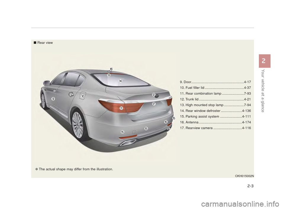 KIA K900 2015 1.G User Guide Your vehicle at a glance
2
2-3
9. Door.......................................................4-17
10. Fuel filler lid .........................................4-37
11. Rear combination lamp .......... KIA K900 2015 1.G User Guide Your vehicle at a glance
2
2-3
9. Door.......................................................4-17
10. Fuel filler lid .........................................4-37
11. Rear combination lamp ..........
