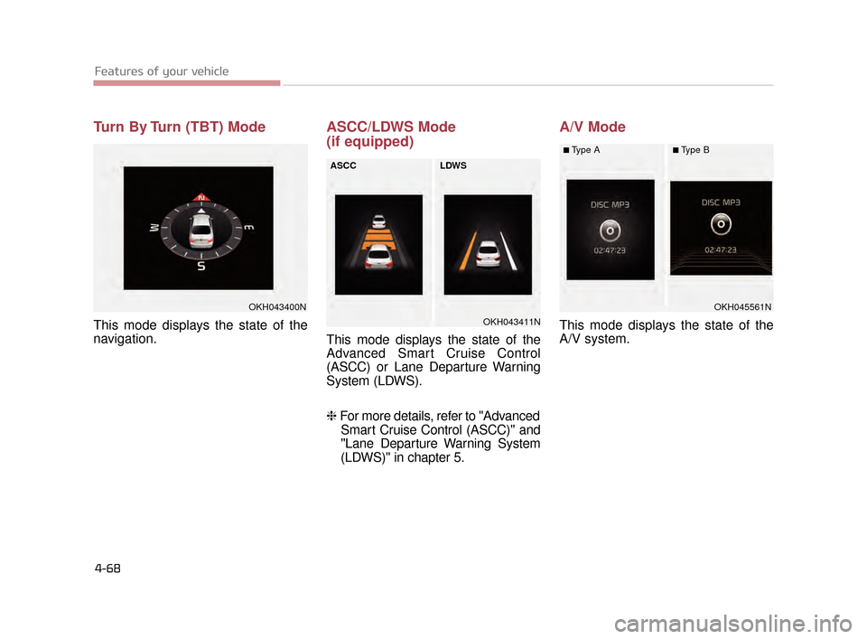 KIA K900 2015 1.G Owners Manual Features of your vehicle
4-68
Turn By Turn (TBT) Mode
This mode displays the state of the
navigation.
ASCC/LDWS Mode
(if equipped)
This mode displays the state of the
Advanced Smart Cruise Control
(AS