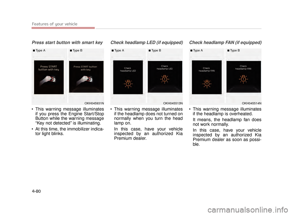 KIA K900 2015 1.G User Guide Features of your vehicle
4-80
Press start button with smart key
 This warning message illuminatesif you press the Engine Start/Stop
Button while the warning message
“Key not detected” is illuminat