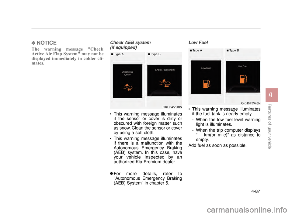 KIA K900 2015 1.G User Guide ✽NOTICE
The warning message "Check
Active Air Flap System" may not be
displayed immediately in colder cli-
mates.
Check AEB system
(if equipped)
This warning message illuminates if the sensor or co KIA K900 2015 1.G User Guide ✽NOTICE
The warning message "Check
Active Air Flap System" may not be
displayed immediately in colder cli-
mates.
Check AEB system
(if equipped)
This warning message illuminates if the sensor or co