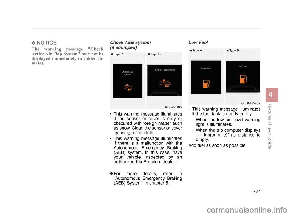 KIA K900 2015 1.G Owners Manual ✽NOTICE
The warning message "Check
Active Air Flap System" may not be
displayed immediately in colder cli-
mates.
Check AEB system
(if equipped)
 This warning message illuminates if the sensor or co