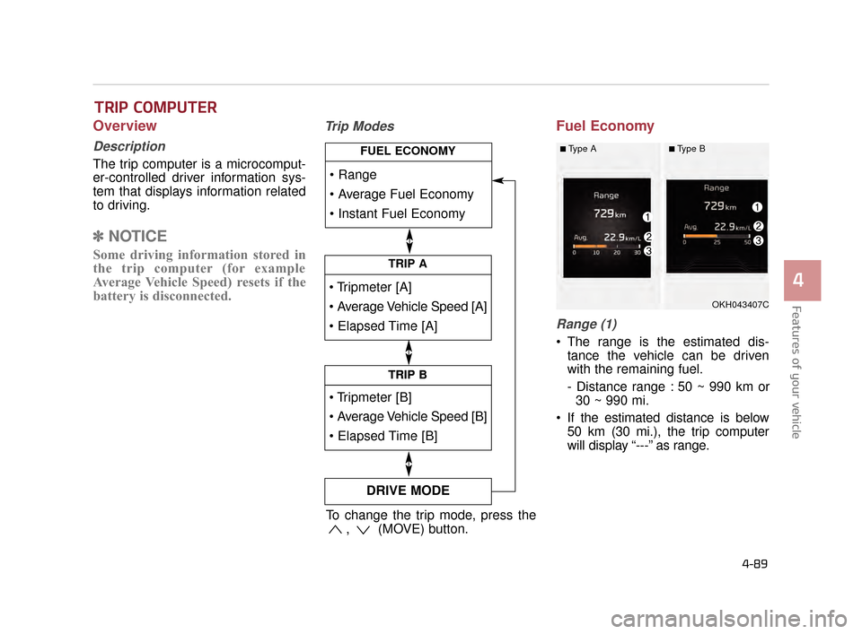 KIA K900 2015 1.G Owners Manual Features of your vehicle
4
4-89
Overview
Description
The trip computer is a microcomput-
er-controlled driver information sys-
tem that displays information related
to driving.
✽NOTICE
Some driving 