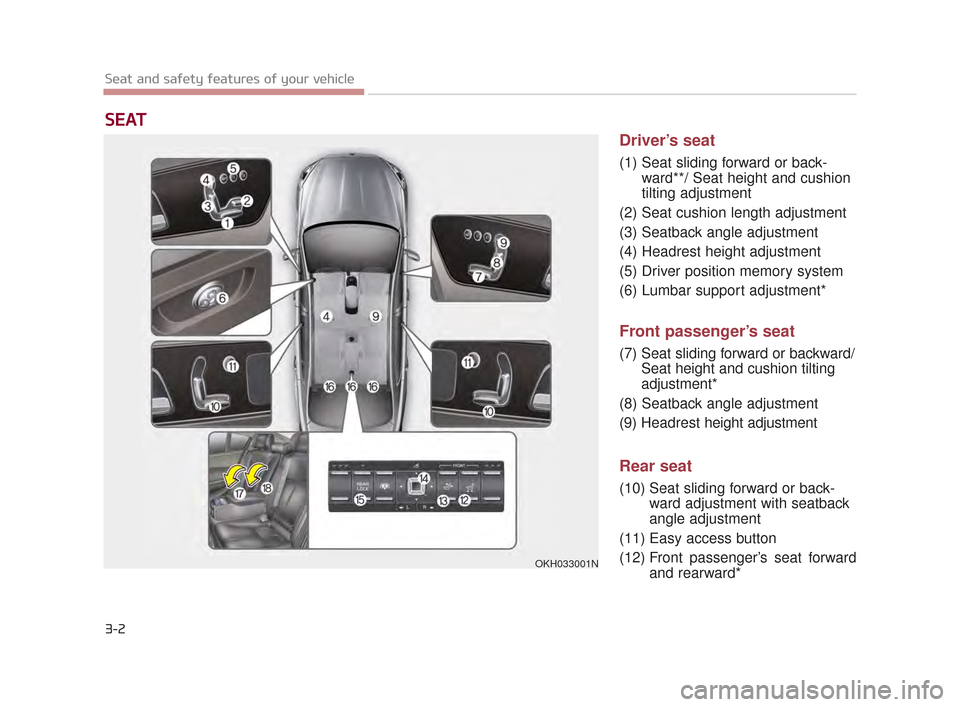 KIA K900 2015 1.G User Guide 3-2
Seat and safety features of your vehicle
Driver’s seat
(1) Seat sliding forward or back-ward**/ Seat height and cushion
tilting adjustment
(2) Seat cushion length adjustment
(3) Seatback angle a