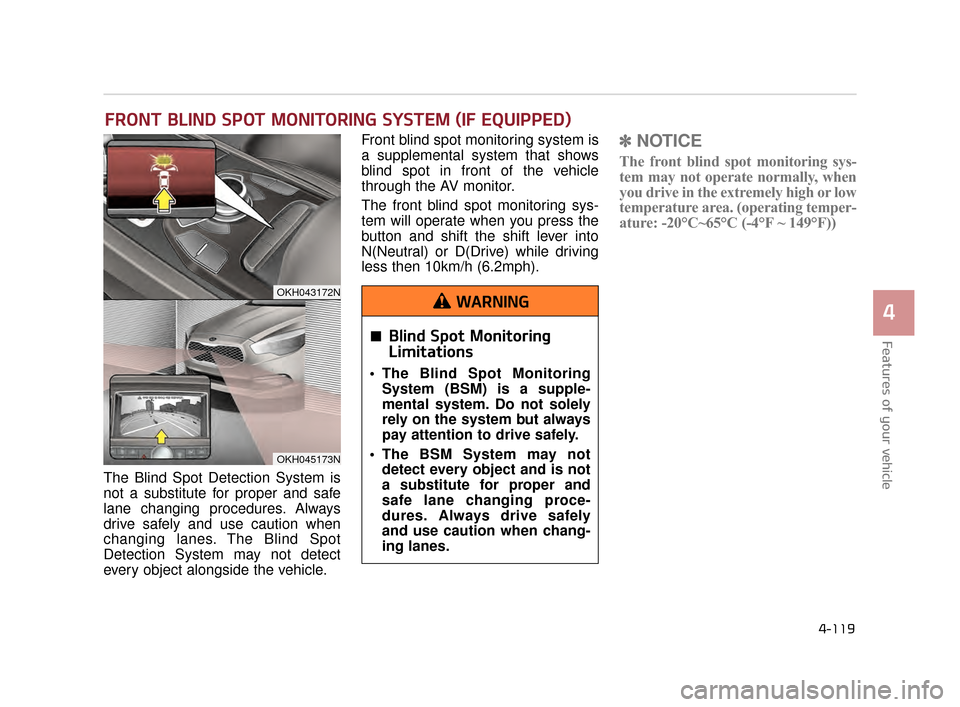 KIA K900 2015 1.G Owners Manual Features of your vehicle
4
4-119
The Blind Spot Detection System is
not a substitute for proper and safe
lane changing procedures. Always
drive safely and use caution when
changing lanes. The Blind Sp