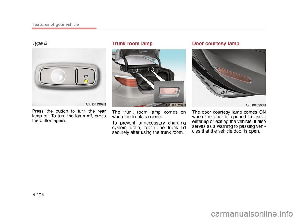 KIA K900 2015 1.G Owners Manual Features of your vehicle
4-134
Ty p e  B
Press the button to turn the rear
lamp on. To turn the lamp off, press
the button again.
Trunk room lamp
The trunk room lamp comes on
when the trunk is opened.