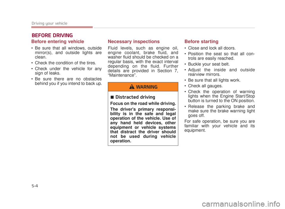 KIA K900 2015 1.G Owners Manual 5-4
Driving your vehicle
Before entering vehicle
 Be sure that all windows, outsidemirror(s), and outside lights are
clean.
 Check the condition of the tires.
 Check under the vehicle for any sign of 