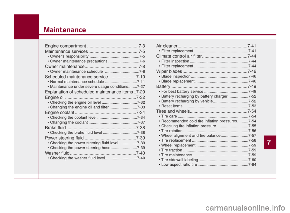 KIA K900 2015 1.G Owners Manual 7
Maintenance
Engine compartment ..........................................7-3
Maintenance services .........................................7-5
 .............................................7-5
 ....