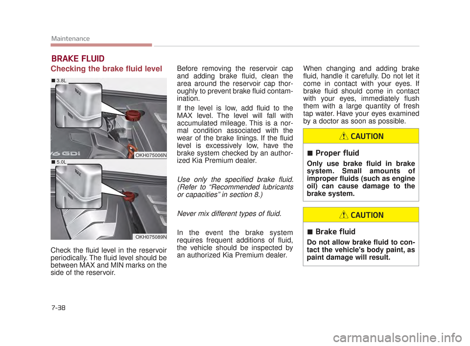 KIA K900 2015 1.G Repair Manual 7-38
Maintenance
BRAKE FLUID
Checking the brake fluid level  
Check the fluid level in the reservoir
periodically. The fluid level should be
between MAX and MIN marks on the
side of the reservoir.Befo