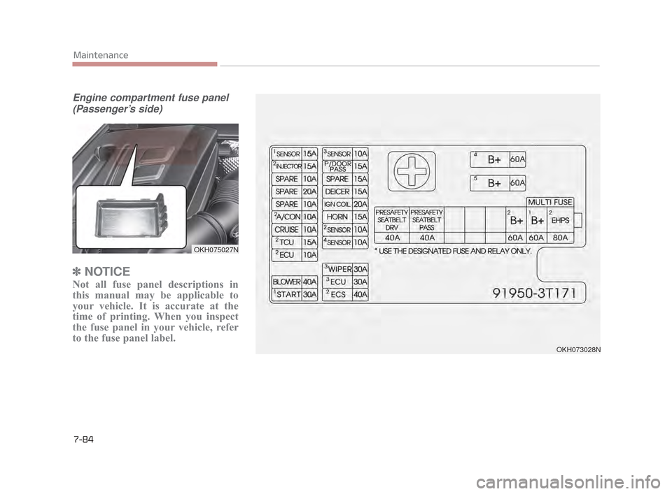 KIA K900 2015 1.G Owners Manual 7-84
Maintenance
Engine compartment fuse panel(Passenger’s side)
✽ NOTICE
Not all fuse panel descriptions in
this manual may be applicable to
your vehicle. It is accurate at the
time of printing. 